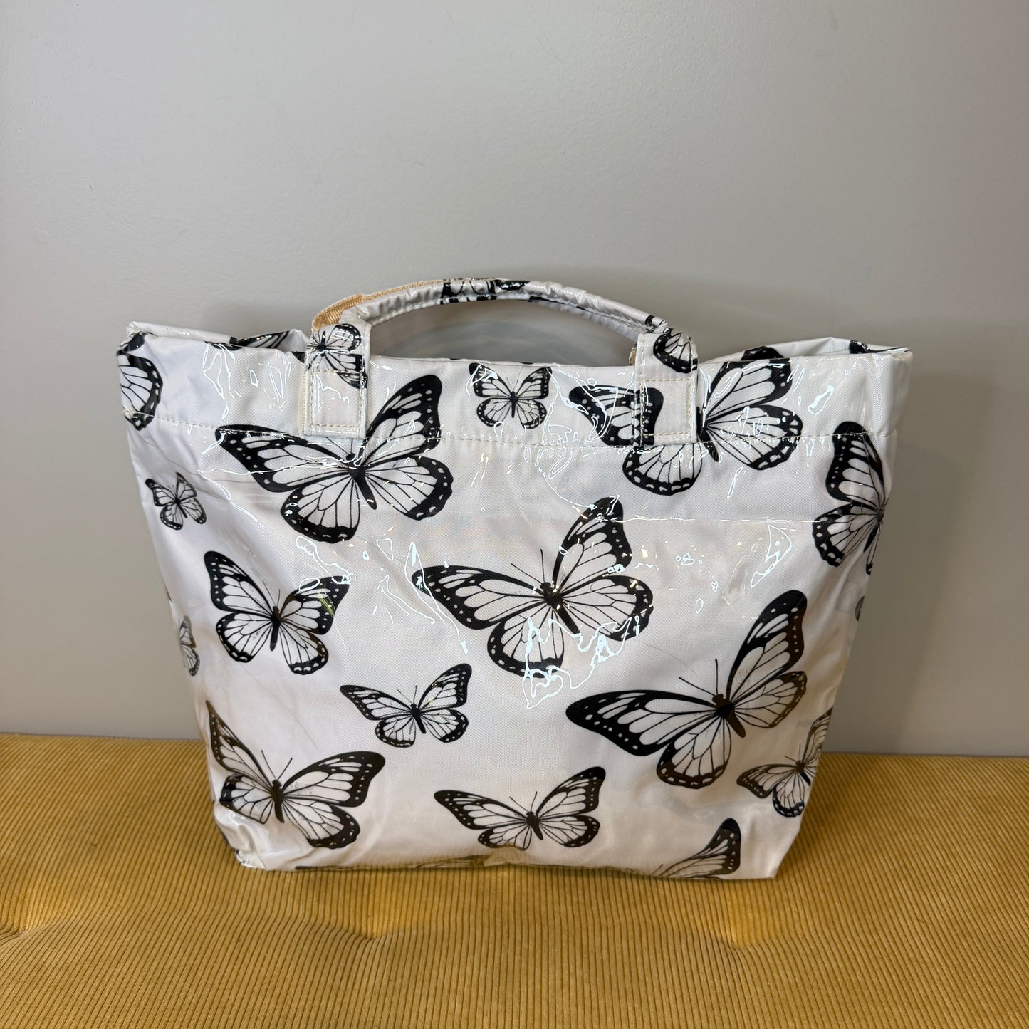 April Vinyl Tote Bag - Black + White Butterfly